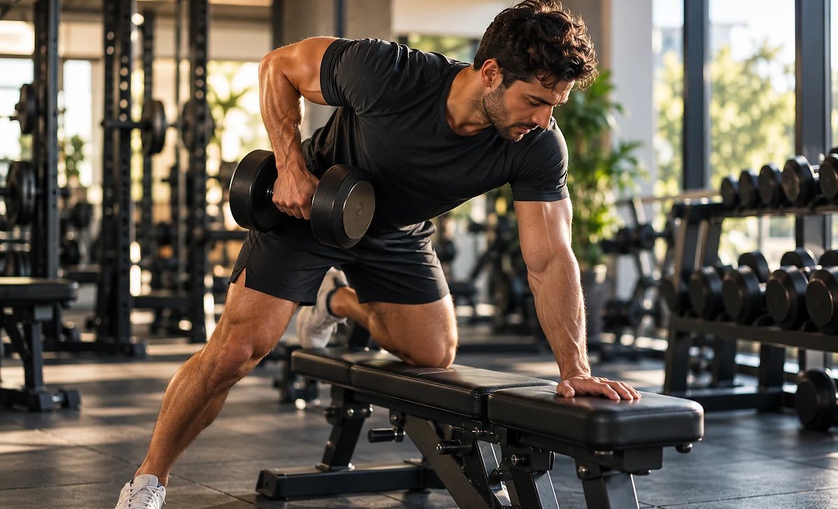 Pessoa realizando treinamento de força em uma academia, com halter e banco de musculação.