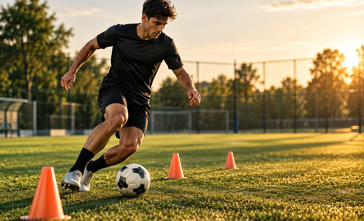 Jogador realizando treinamento técnico com bola e cones em campo.