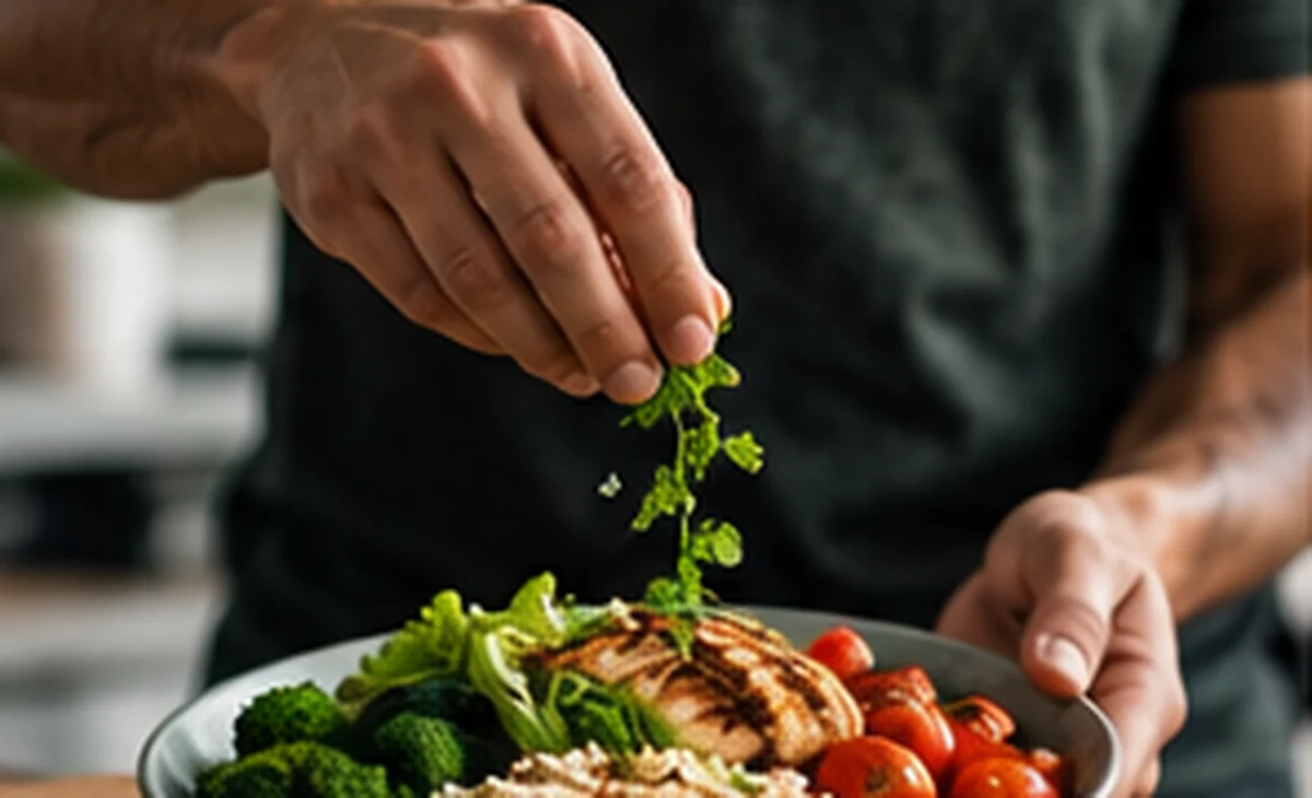 Pessoa preparando uma refeição cotidiana com vegetais e alimentos variados.